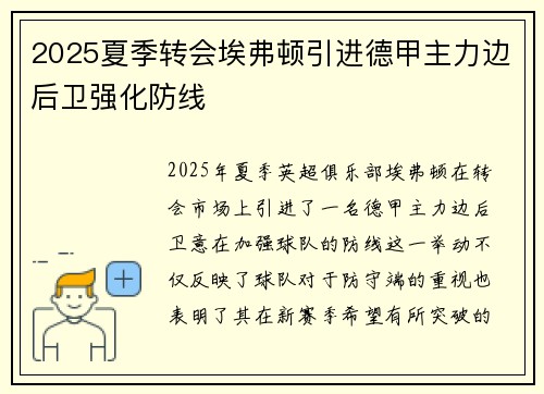 2025夏季转会埃弗顿引进德甲主力边后卫强化防线